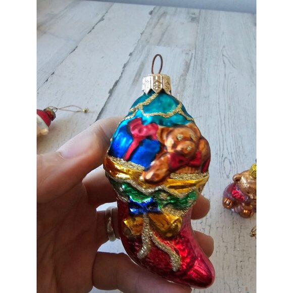 Vintage glass bear stocking ornament set presents glitter gold red Xmas tree - Picture 6 of 14